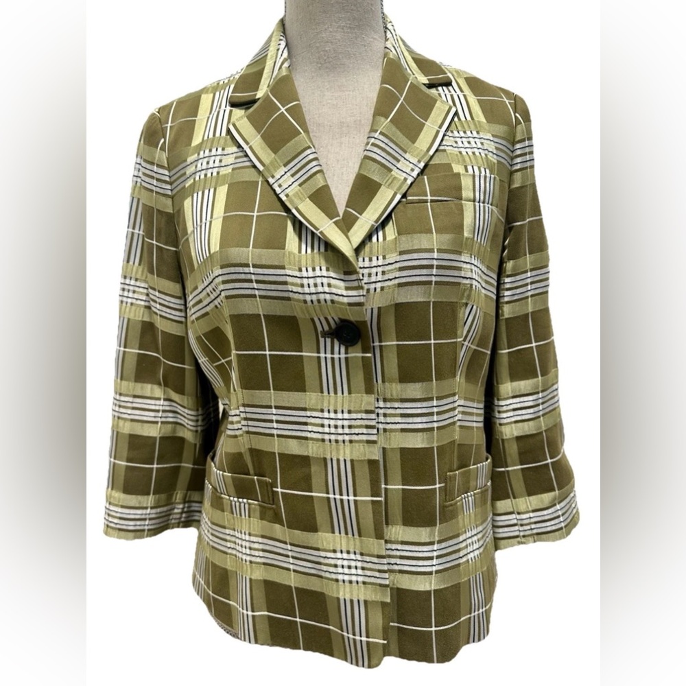 Banana Republic Satin Green Plaid Jacket 8 3/4 length sleeve Academia Preppy